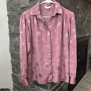 Pink Button-up Shirt w/ Embossed Metallic Rose Design